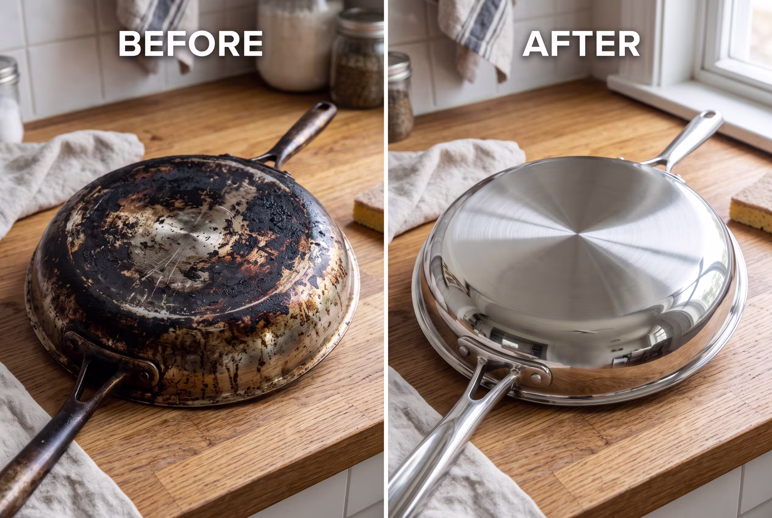 how to clean burnt stainless steel cookware before and after